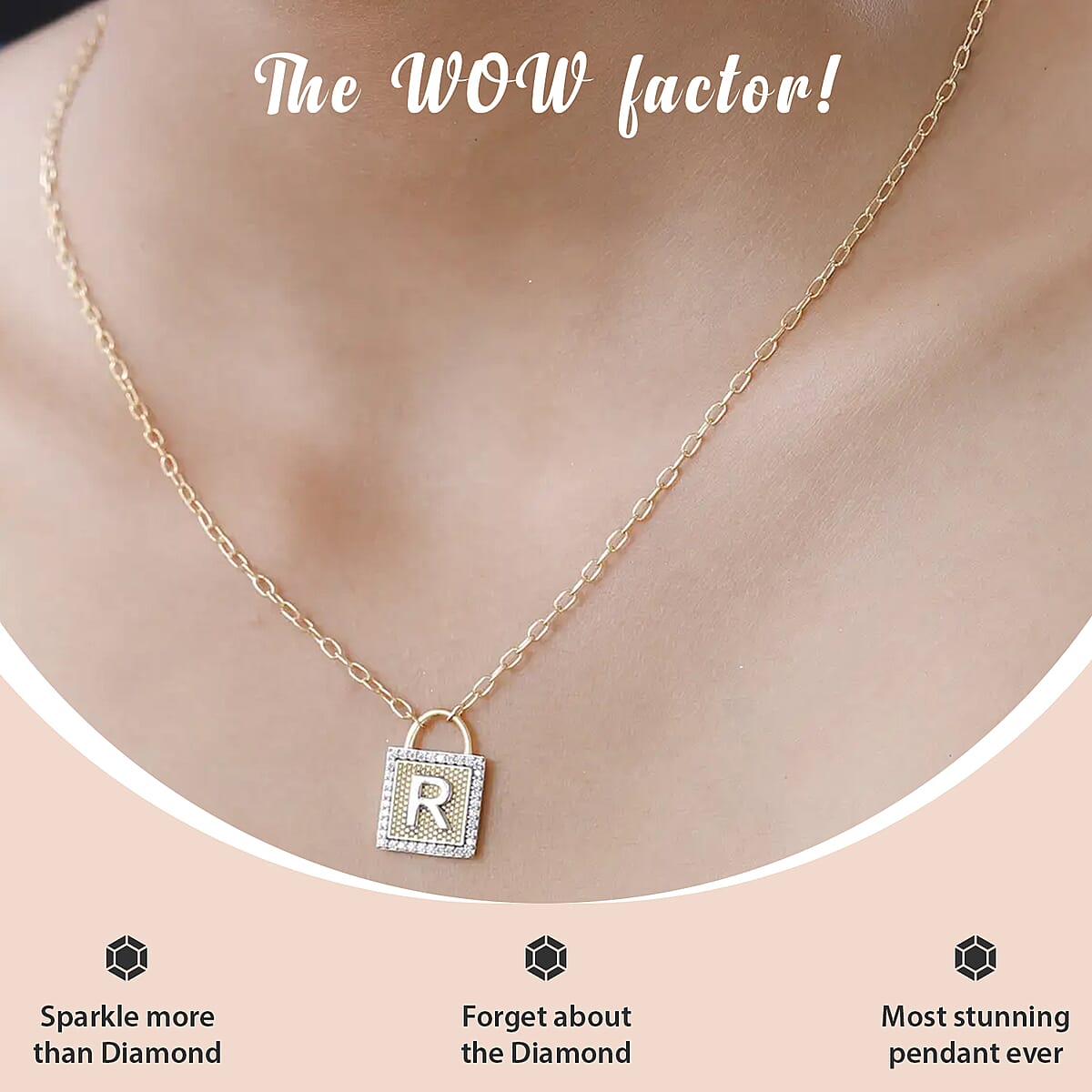 Moissanite Forever Love Lock Initial R Necklace (18 Inches) in Vermeil YG and Platinum Over Sterling Silver 0.25 ctw image number 1