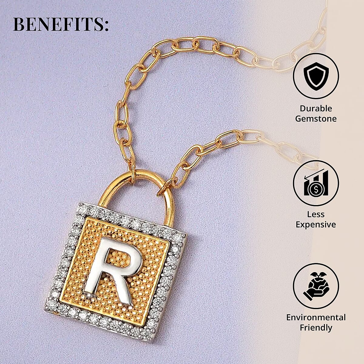 Moissanite Forever Love Lock Initial R Necklace (18 Inches) in Vermeil YG and Platinum Over Sterling Silver 0.25 ctw image number 3