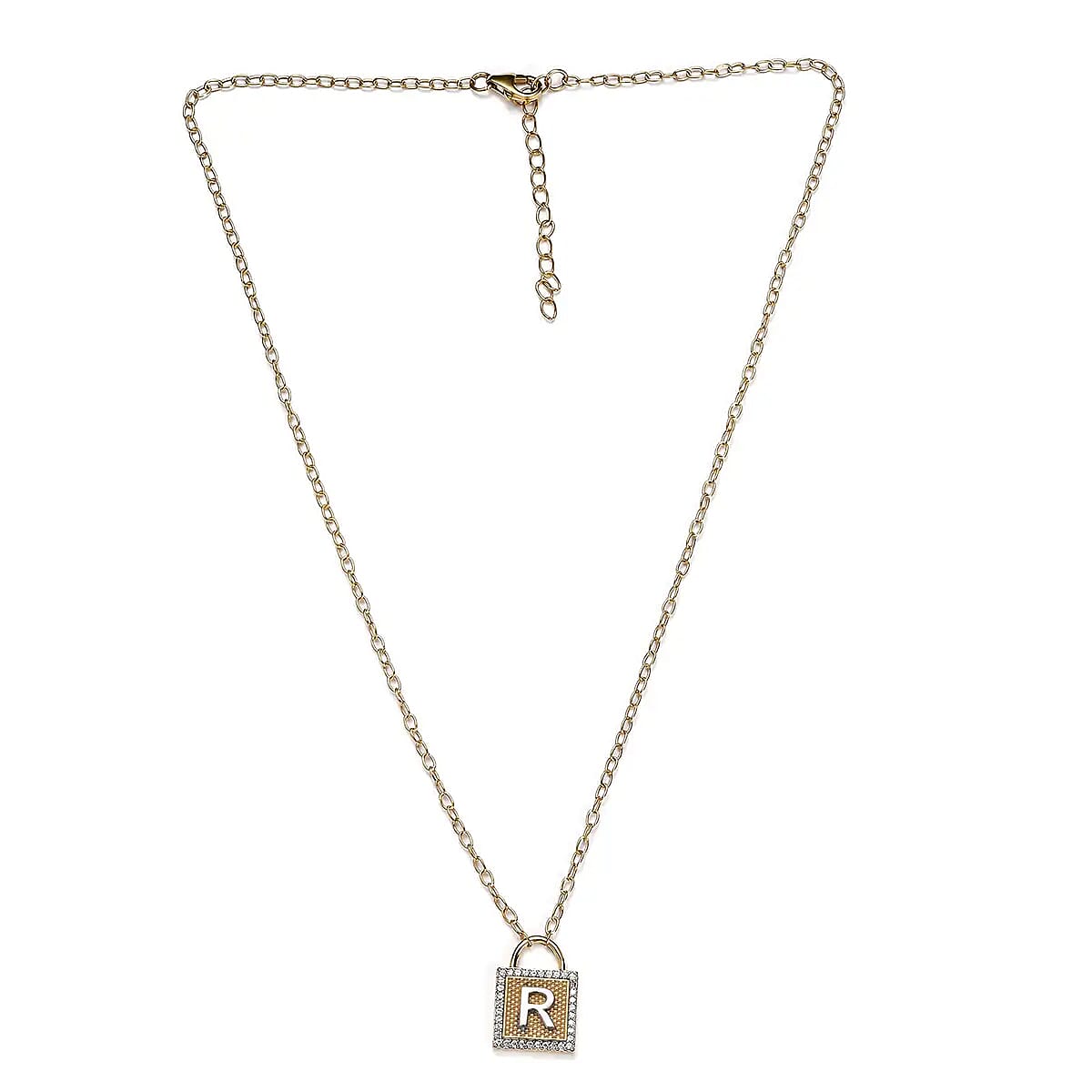 Moissanite Forever Love Lock Initial R Necklace (18 Inches) in Vermeil YG and Platinum Over Sterling Silver 0.25 ctw image number 4