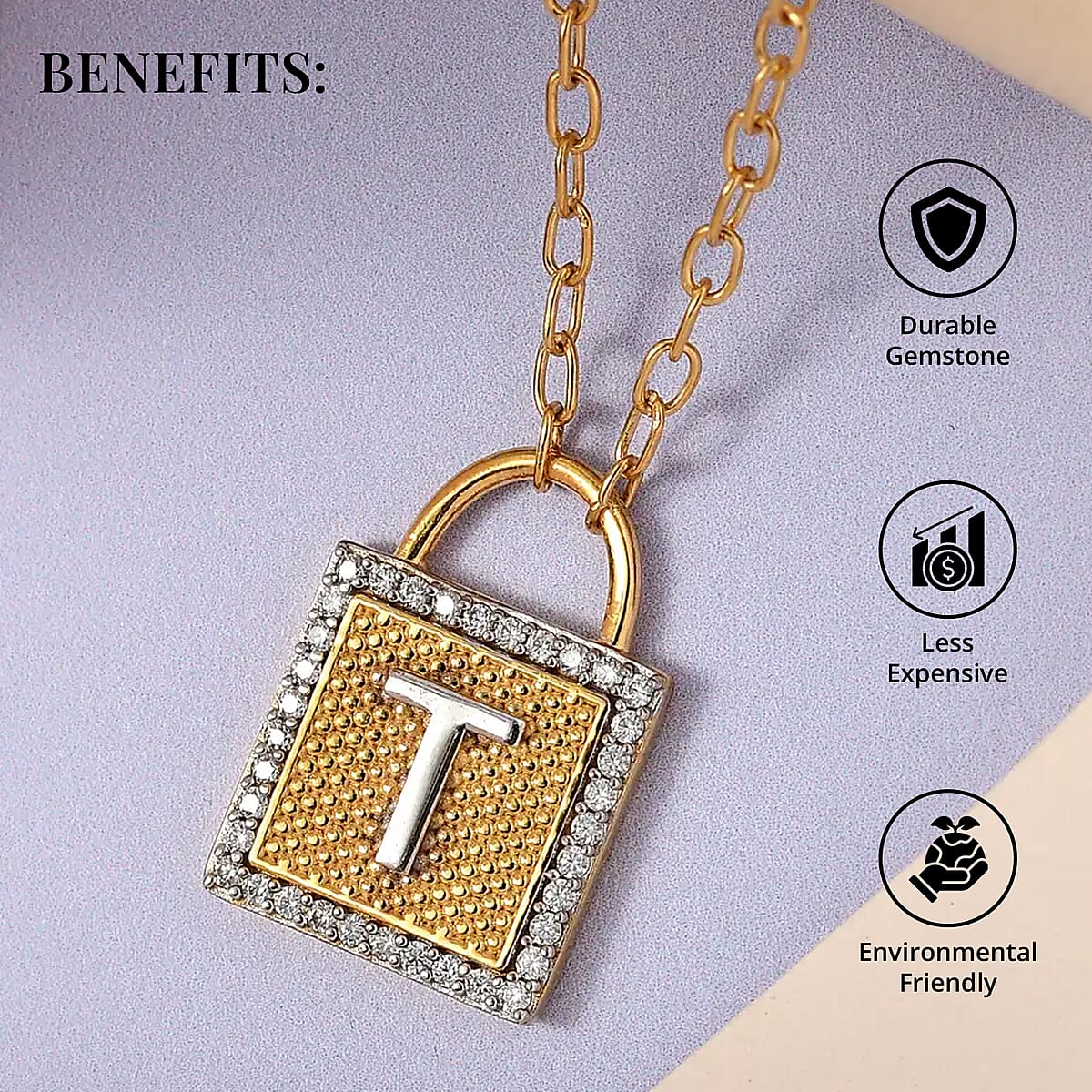 Moissanite Forever Love Lock Initial T Necklace (18 Inches) in Vermeil YG and Platinum Over Sterling Silver 0.25 ctw image number 3