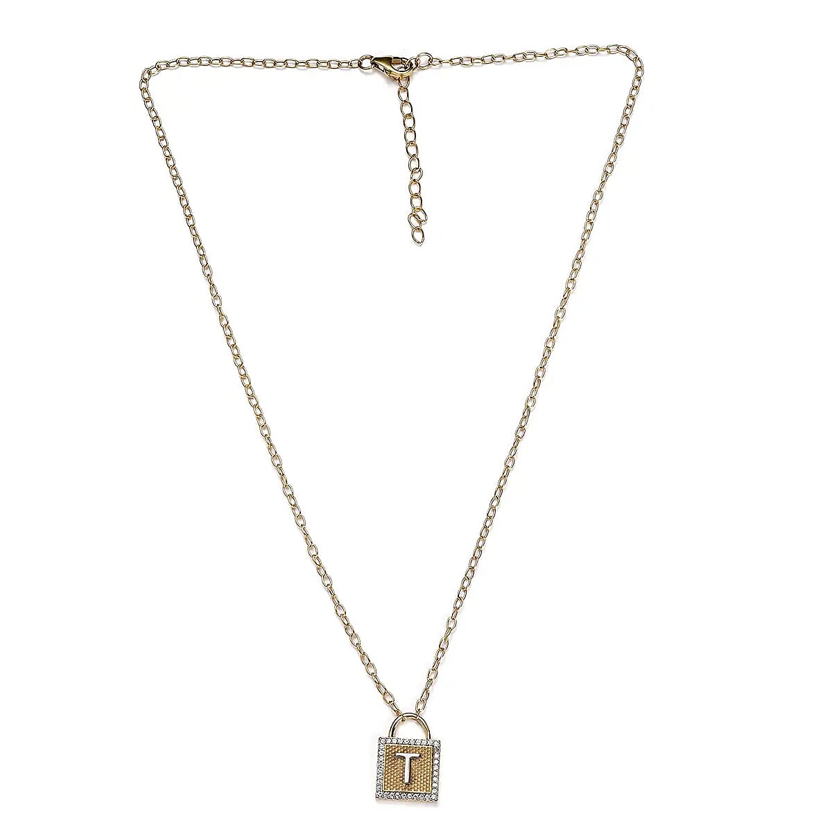 Moissanite Forever Love Lock Initial T Necklace (18 Inches) in Vermeil YG and Platinum Over Sterling Silver 0.25 ctw image number 4