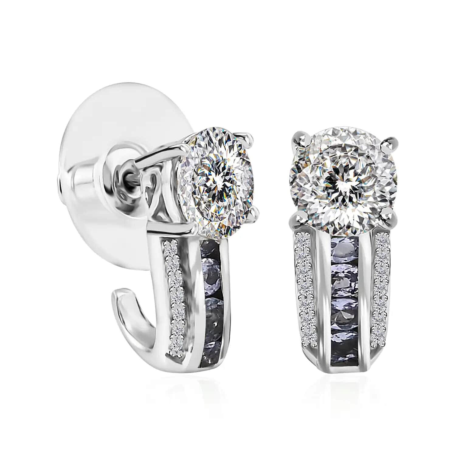120 Facets Moissanite and Niassa Ruby (FF) J-Hoop Earrings in Platinum Over Sterling Silver 3.00 ctw