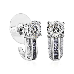 120 Facets Moissanite J-Hoop Earrings, Moissanite Earrings, Tanzanite Accent Earrings, Platinum Over Sterling Silver Earrings, Fashion Earrings For Her 2.90 ctw
