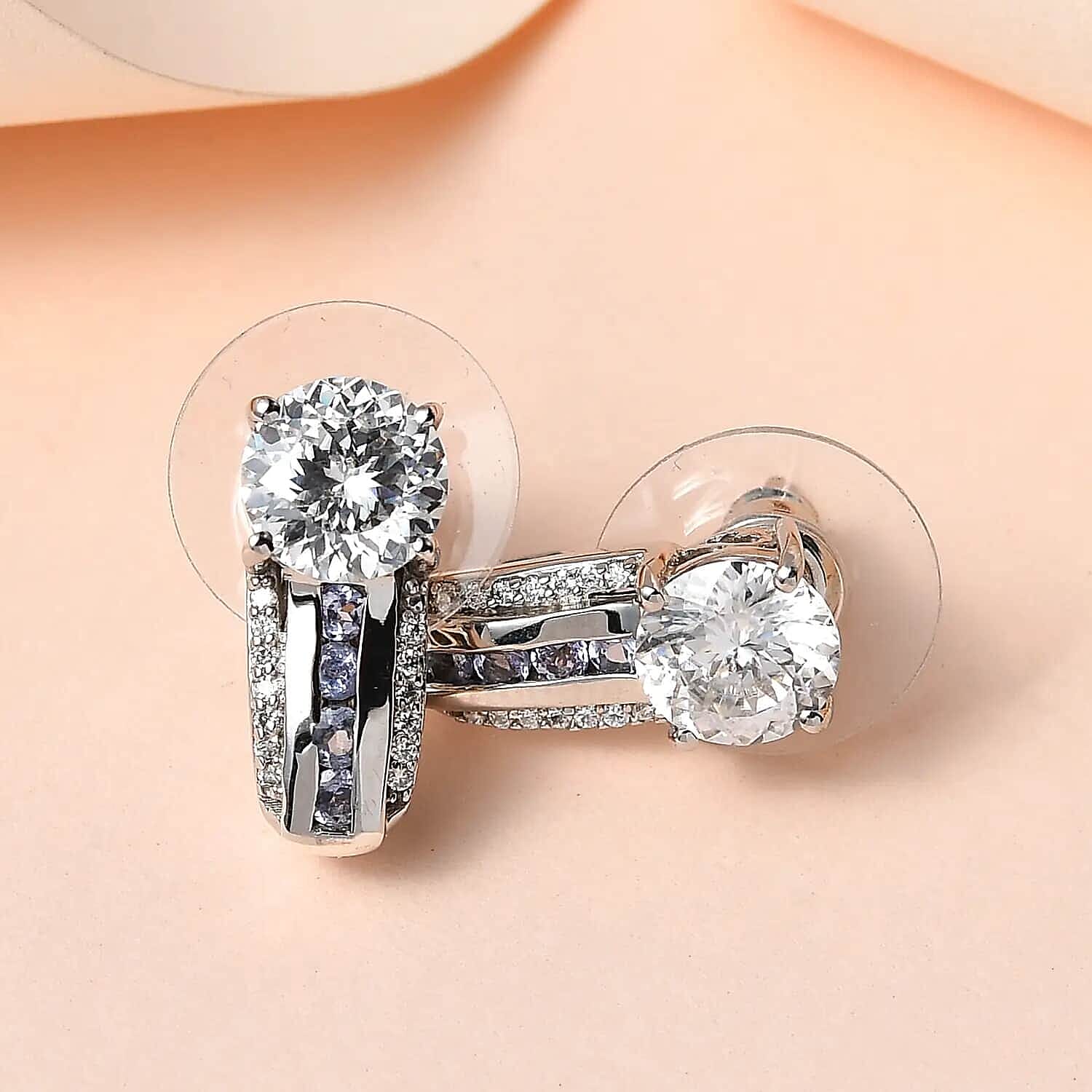 120 Facets Moissanite J-Hoop Earrings, Moissanite Earrings, Tanzanite Accent Earrings, Platinum Over Sterling Silver Earrings, Fashion Earrings For Her 2.90 ctw