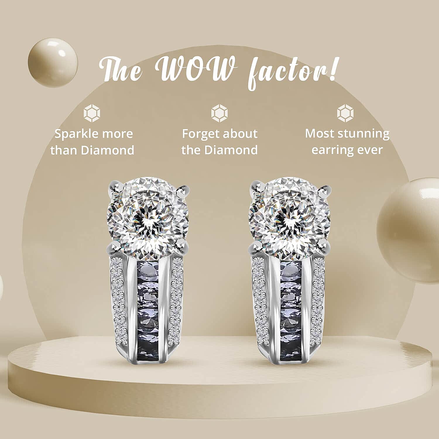 120 Facets Moissanite J-Hoop Earrings, Moissanite Earrings, Tanzanite Accent Earrings, Platinum Over Sterling Silver Earrings, Fashion Earrings For Her 2.90 ctw