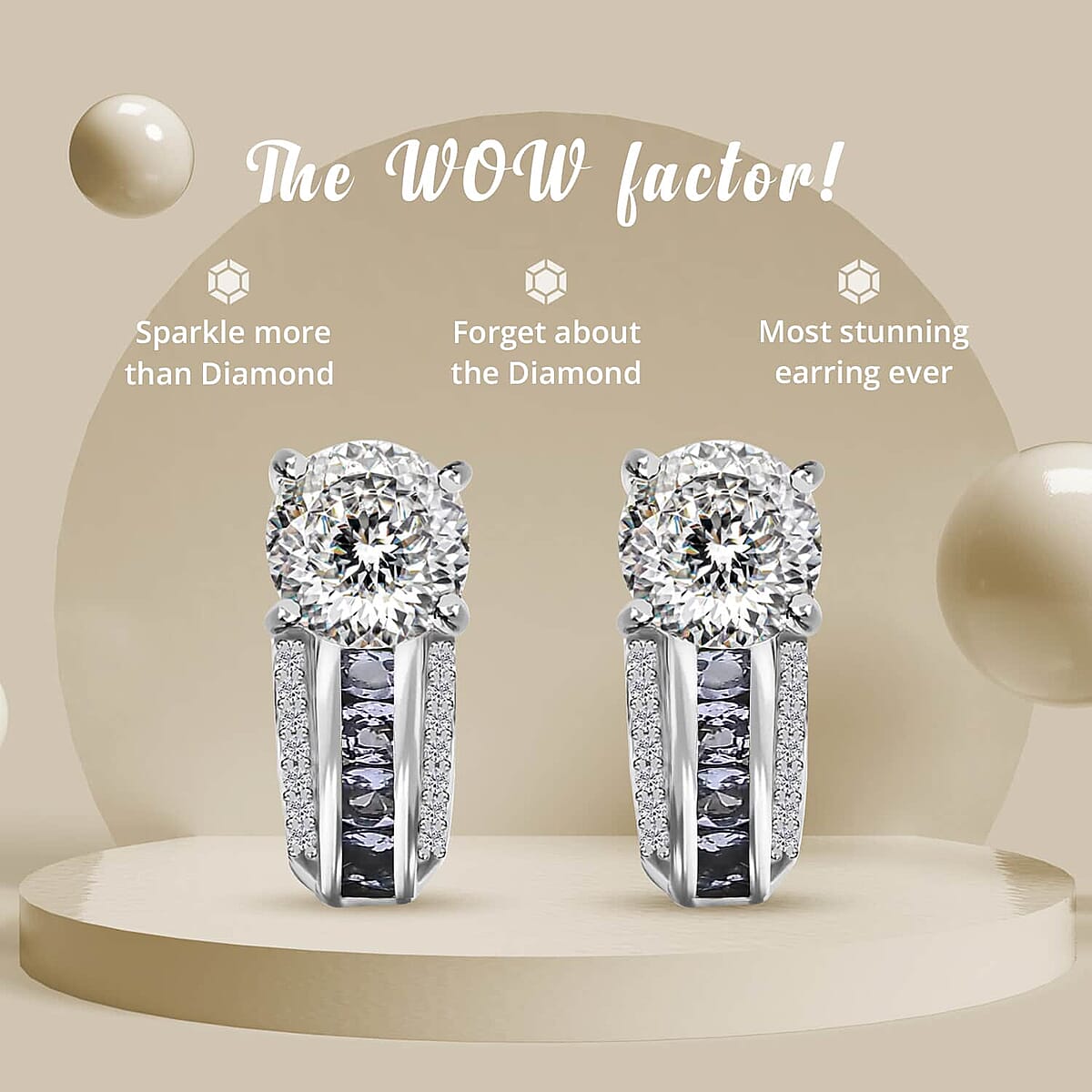 120 Facets Moissanite J-Hoop Earrings, Moissanite Earrings, Tanzanite Accent Earrings, Platinum Over Sterling Silver Earrings, Fashion Earrings For Her 2.90 ctw image number 3