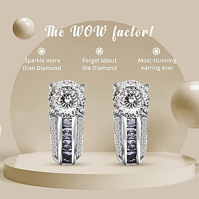 120 Facets Moissanite J-Hoop Earrings, Moissanite Earrings, Tanzanite Accent Earrings, Platinum Over Sterling Silver Earrings, Fashion Earrings For Her 2.90 ctw