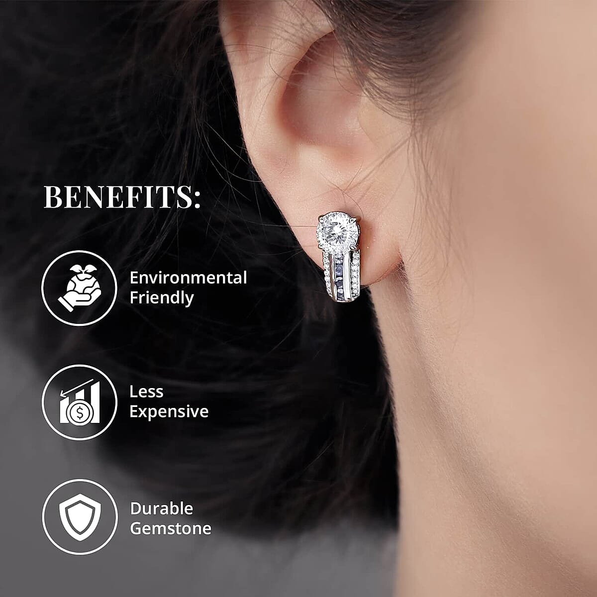 120 Facets Moissanite J-Hoop Earrings, Moissanite Earrings, Tanzanite Accent Earrings, Platinum Over Sterling Silver Earrings, Fashion Earrings For Her 2.90 ctw image number 4