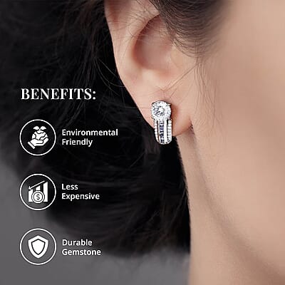120 Facets Moissanite J-Hoop Earrings, Moissanite Earrings, Tanzanite Accent Earrings, Platinum Over Sterling Silver Earrings, Fashion Earrings For Her 2.90 ctw