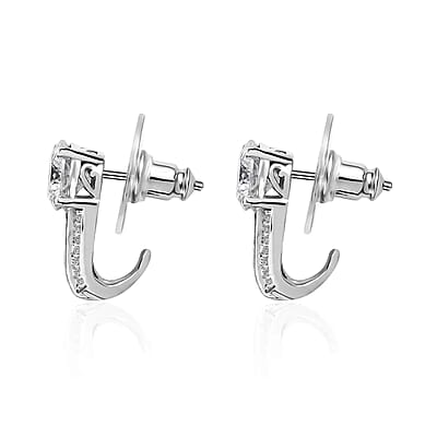 120 Facets Moissanite J-Hoop Earrings, Moissanite Earrings, Tanzanite Accent Earrings, Platinum Over Sterling Silver Earrings, Fashion Earrings For Her 2.90 ctw