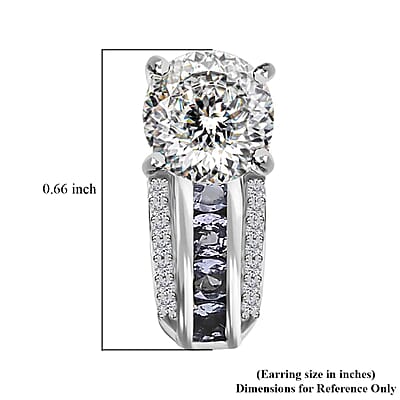 120 Facets Moissanite J-Hoop Earrings, Moissanite Earrings, Tanzanite Accent Earrings, Platinum Over Sterling Silver Earrings, Fashion Earrings For Her 2.90 ctw