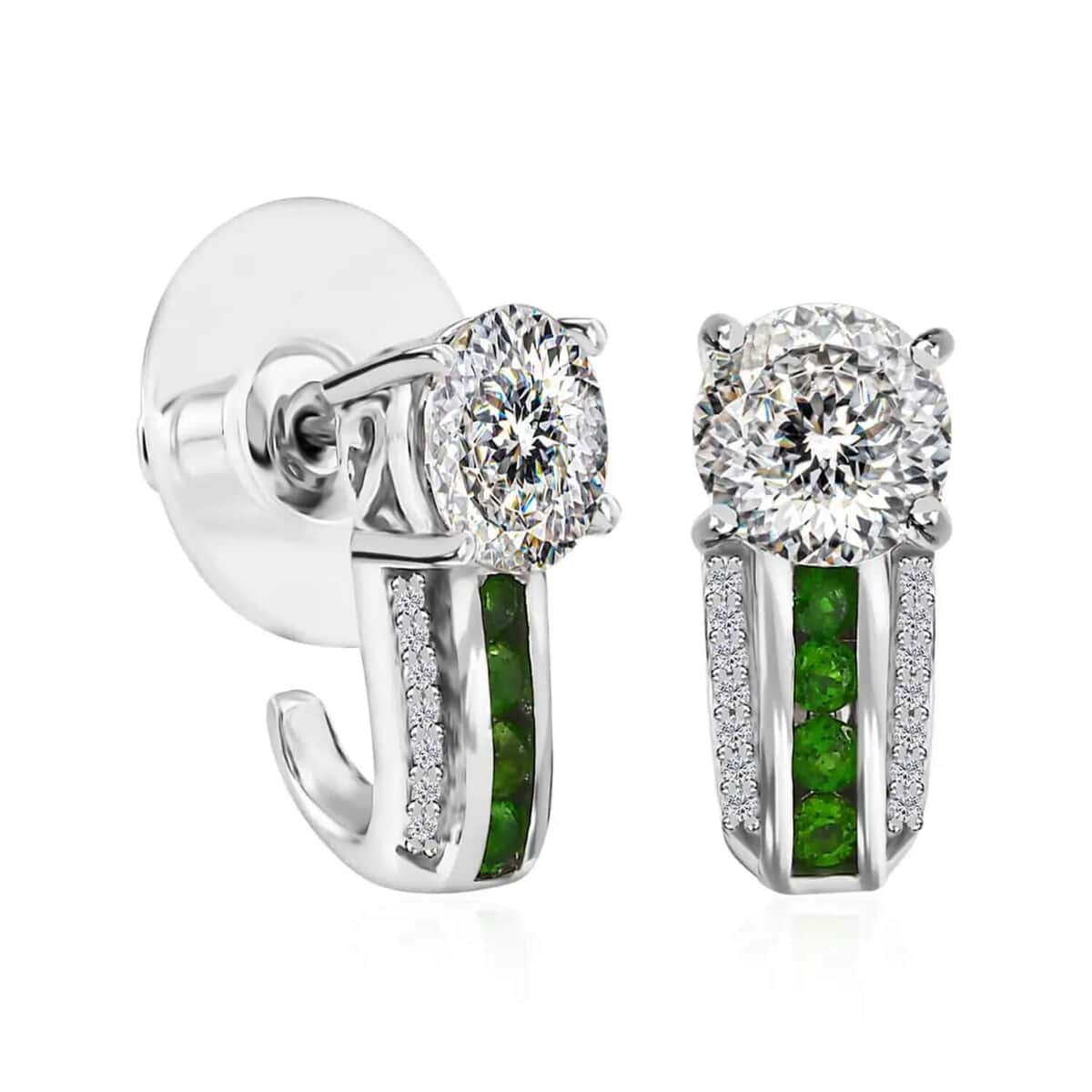 120 Facets Moissanite 2.85 ctw and Chrome Diopside J-Hoop Earrings, Moissanite Earrings, Platinum Over Sterling Silver Earrings, Fashion Earrings For Her image number 0