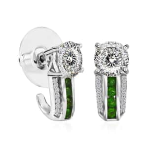 120 Facets Moissanite 2.85 ctw and Chrome Diopside J-Hoop Earrings, Moissanite Earrings, Platinum Over Sterling Silver Earrings, Fashion Earrings For Her