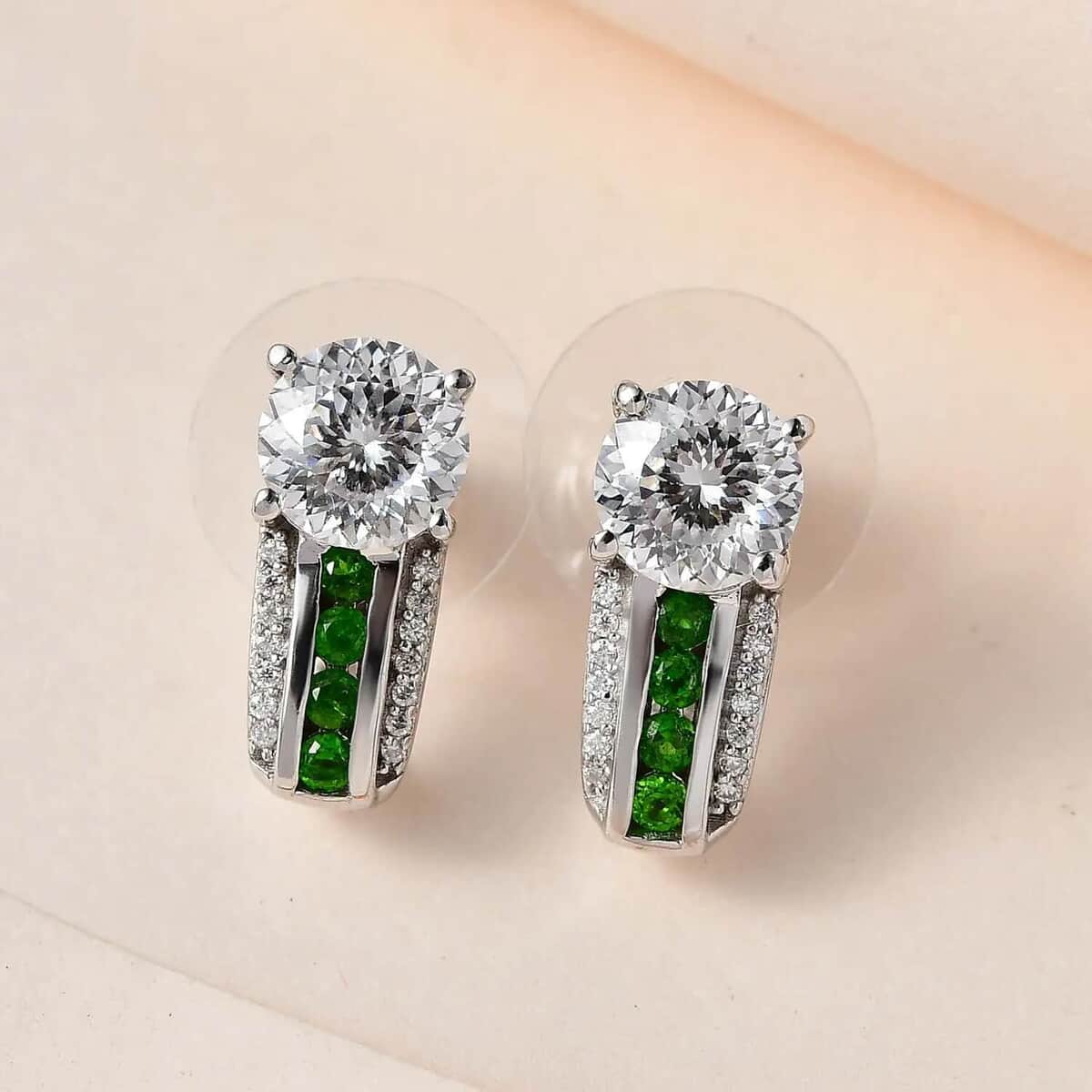 120 Facets Moissanite 2.85 ctw and Chrome Diopside J-Hoop Earrings, Moissanite Earrings, Platinum Over Sterling Silver Earrings, Fashion Earrings For Her image number 1