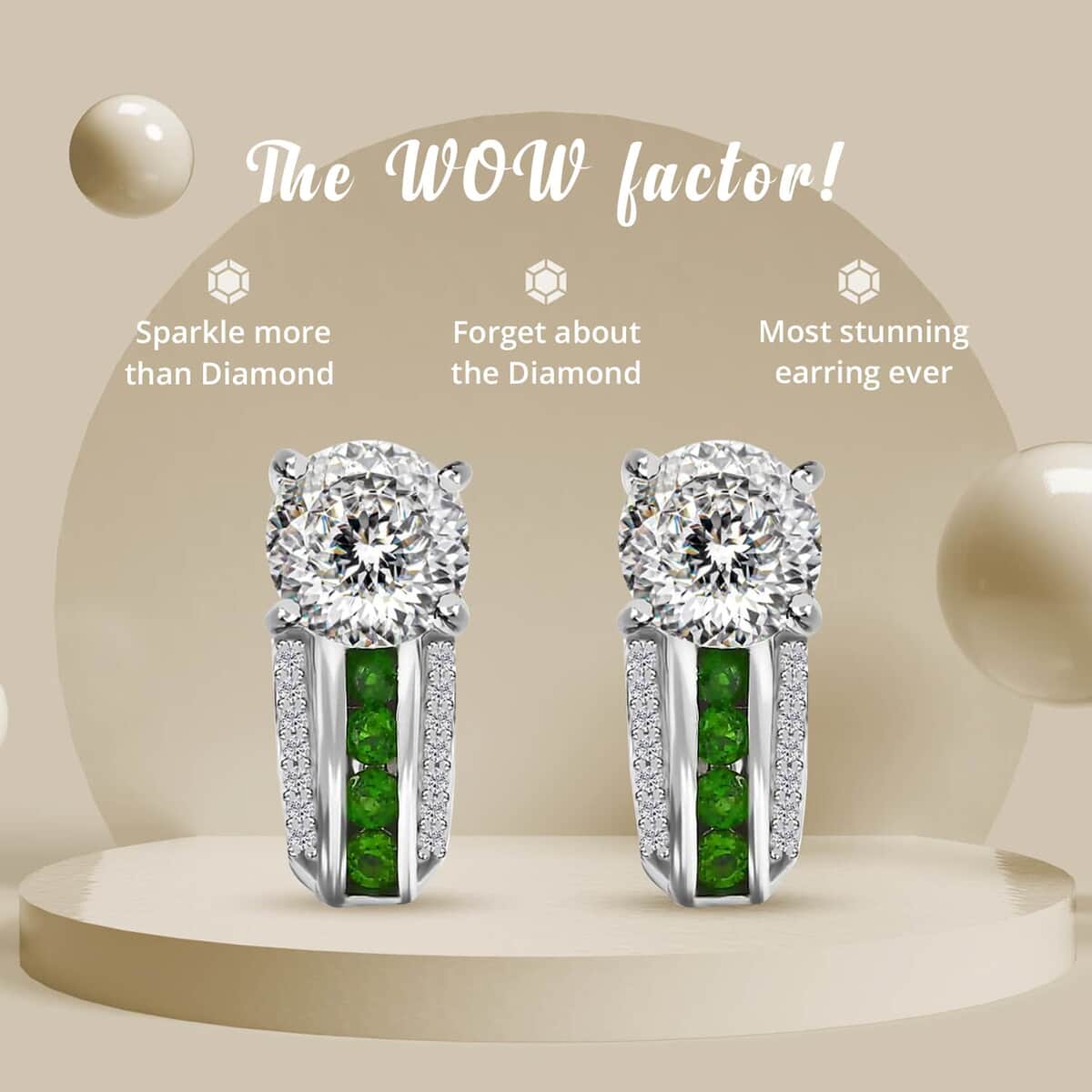 120 Facets Moissanite 2.85 ctw and Chrome Diopside J-Hoop Earrings, Moissanite Earrings, Platinum Over Sterling Silver Earrings, Fashion Earrings For Her image number 3