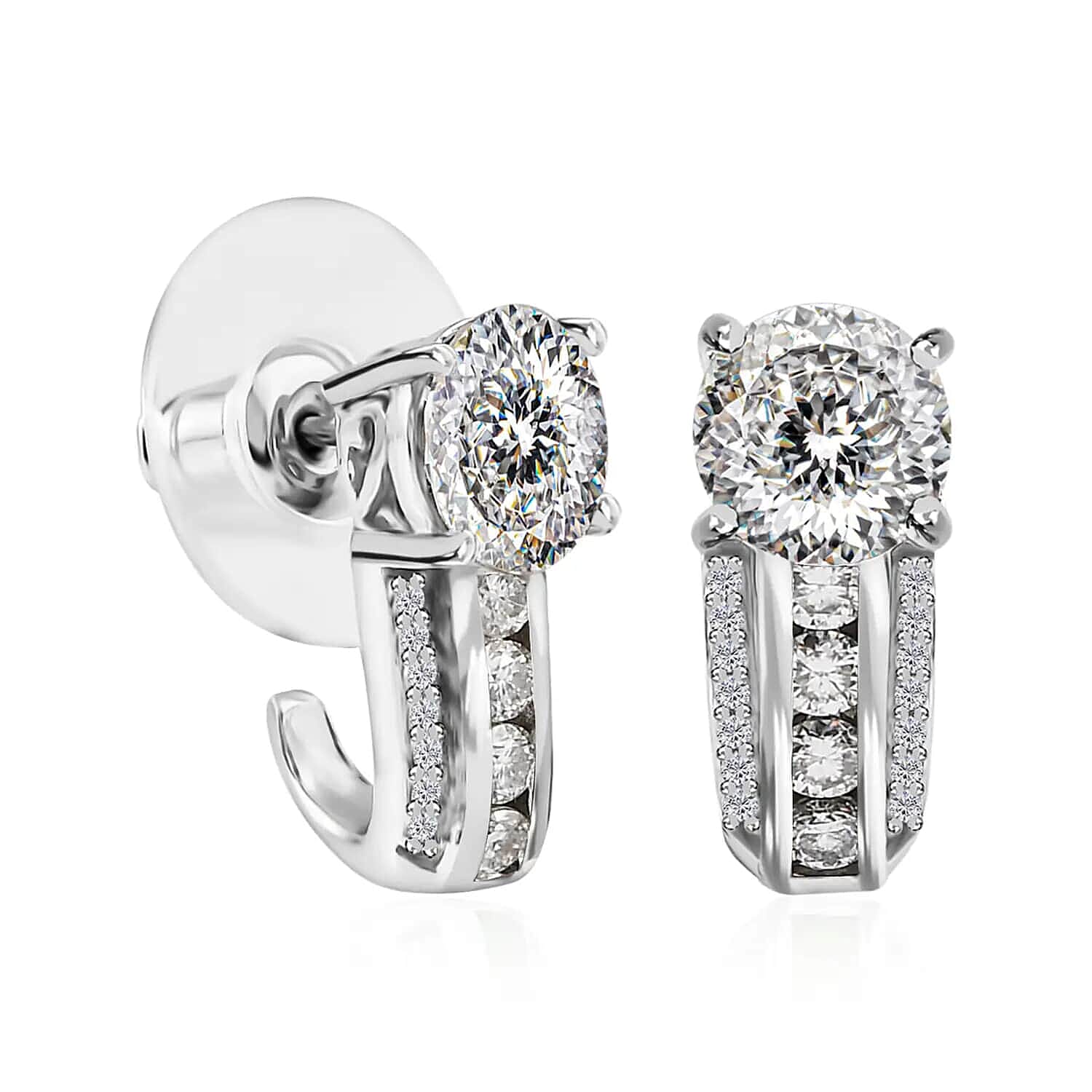 120 Facets Moissanite and Niassa Ruby (FF) J-Hoop Earrings in Platinum Over Sterling Silver 3.00 ctw
