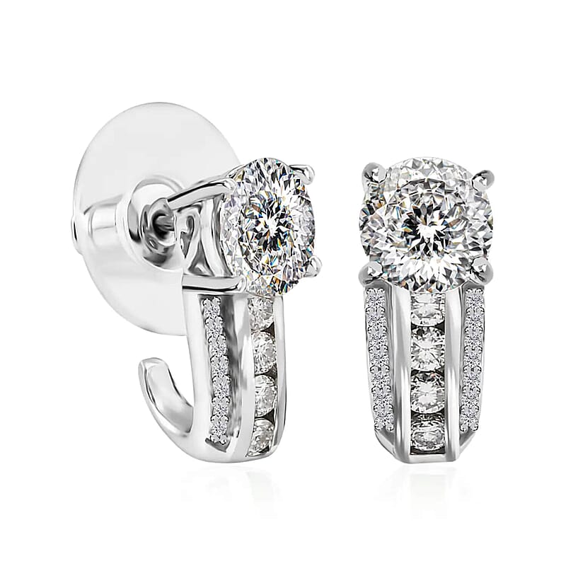120 Facets Moissanite J-Hoop Earrings, Moissanite Earrings, Platinum Over Sterling Silver Earrings, Fashion Earrings For Her 2.85 ctw