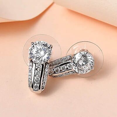120 Facets Moissanite J-Hoop Earrings, Moissanite Earrings, Platinum Over Sterling Silver Earrings, Fashion Earrings For Her 2.85 ctw