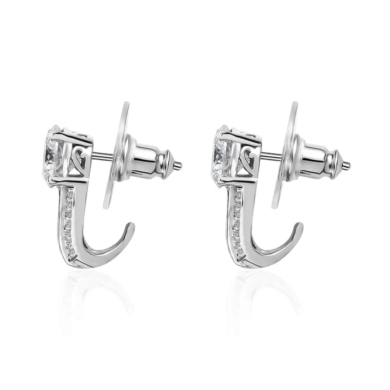 120 Facets Moissanite J-Hoop Earrings, Moissanite Earrings, Platinum Over Sterling Silver Earrings, Fashion Earrings For Her 2.85 ctw