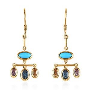 Sleeping Beauty Turquoise and Multi Gemstone Mixed Stones, Chandelier Etruscan Inspired Dangle Earrings in Vermeil Yellow Gold Over Sterling Silver 3.10 ctw