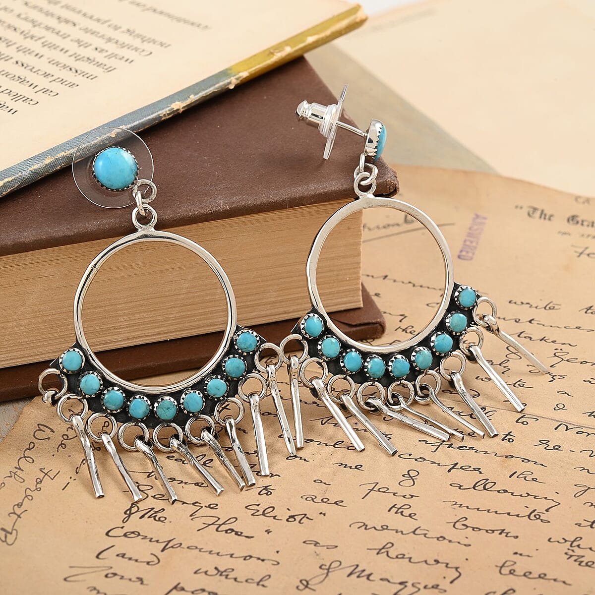 Santa Fe Style Kingman Turquoise Earrings in Sterling Silver 2.25 ctw image number 1