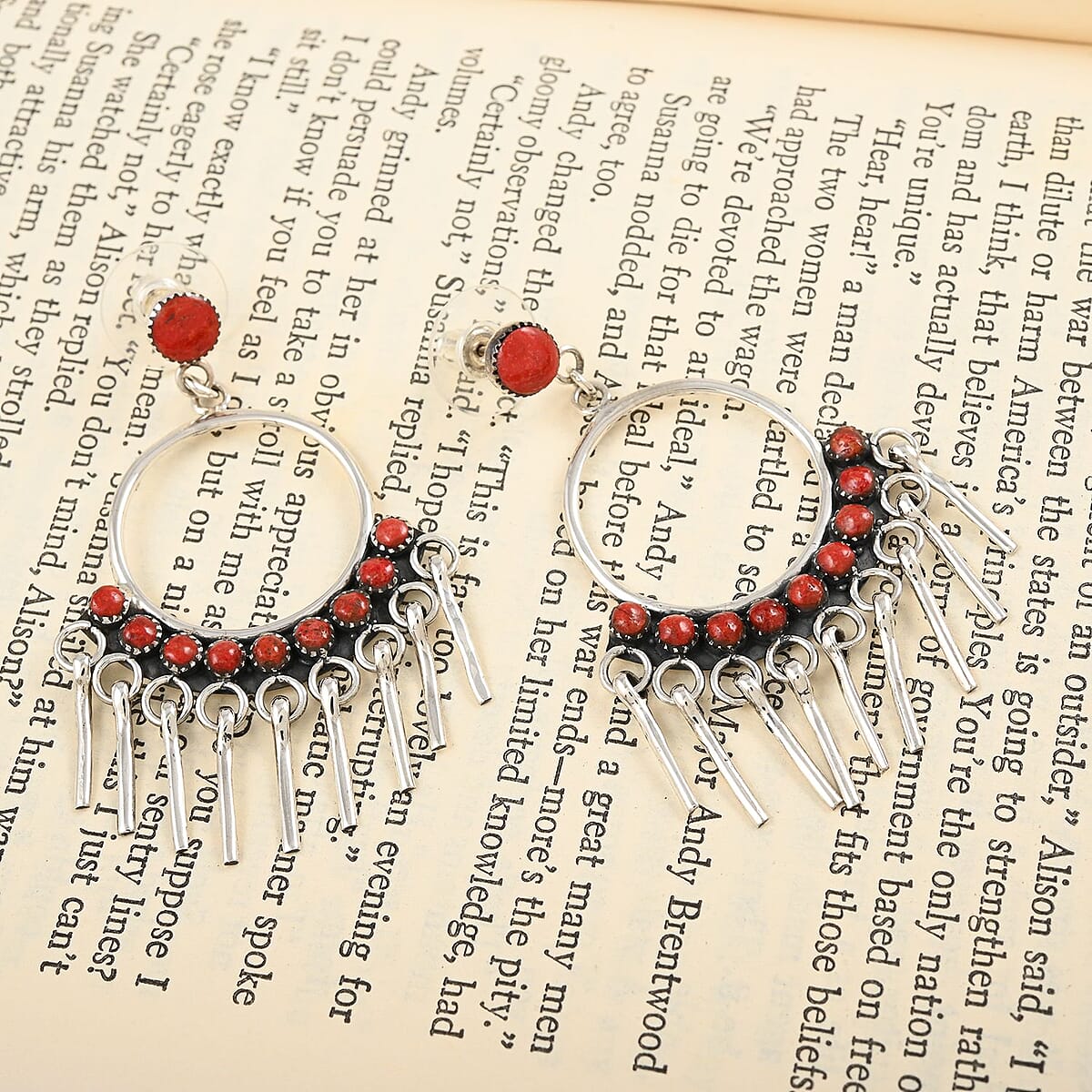 Santa Fe Style Coral Earrings in Sterling Silver 2.25 ctw image number 1