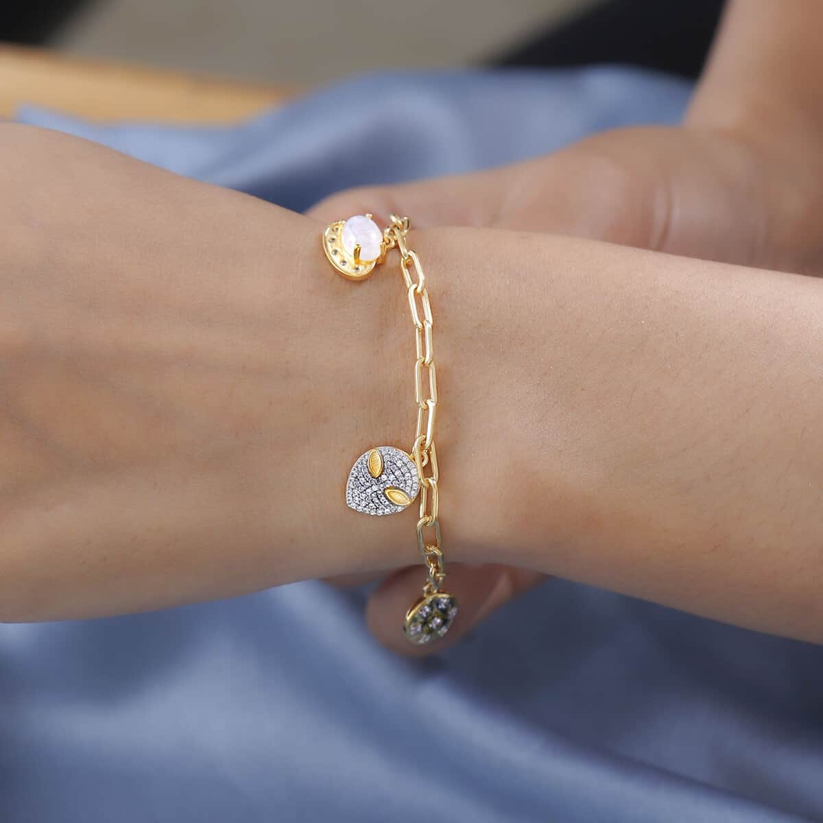 Premium Rainbow Moonstone and White Zircon Celestial Moon, Ufo, Alien, and Star Charms Bracelet in Vermeil Yellow Gold Over Sterling Silver (7.25 in)