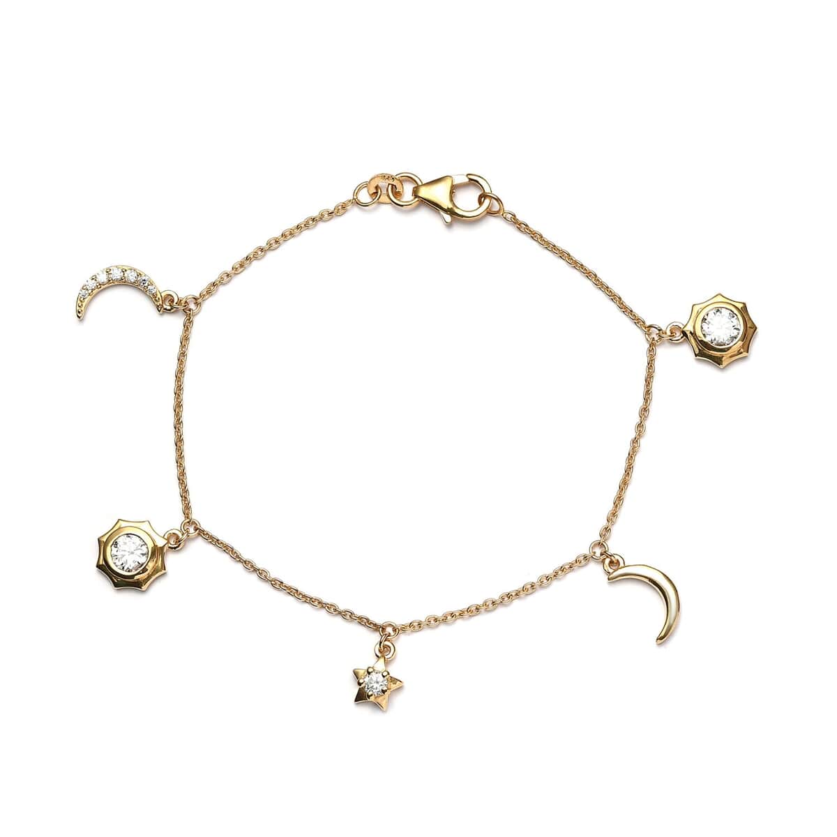 Moissanite Celestial Moon, Sun and Stars Charm Bracelet in Vermeil Yellow Gold Over Sterling Silver (7.25 In) 1.15 ctw image number 0