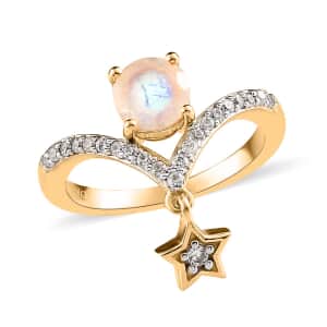 Kuisa Rainbow Moonstone and White Zircon Chevron Star Charm Ring in Vermeil Yellow Gold Over Sterling Silver (Size 6.0) 1.25 ctw