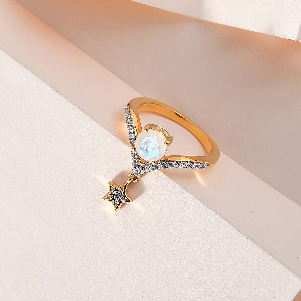 Kuisa Rainbow Moonstone and White Zircon Chevron Star Charm Ring in Vermeil Yellow Gold Over Sterling Silver (Size 8.0) 1.25 ctw image number 1