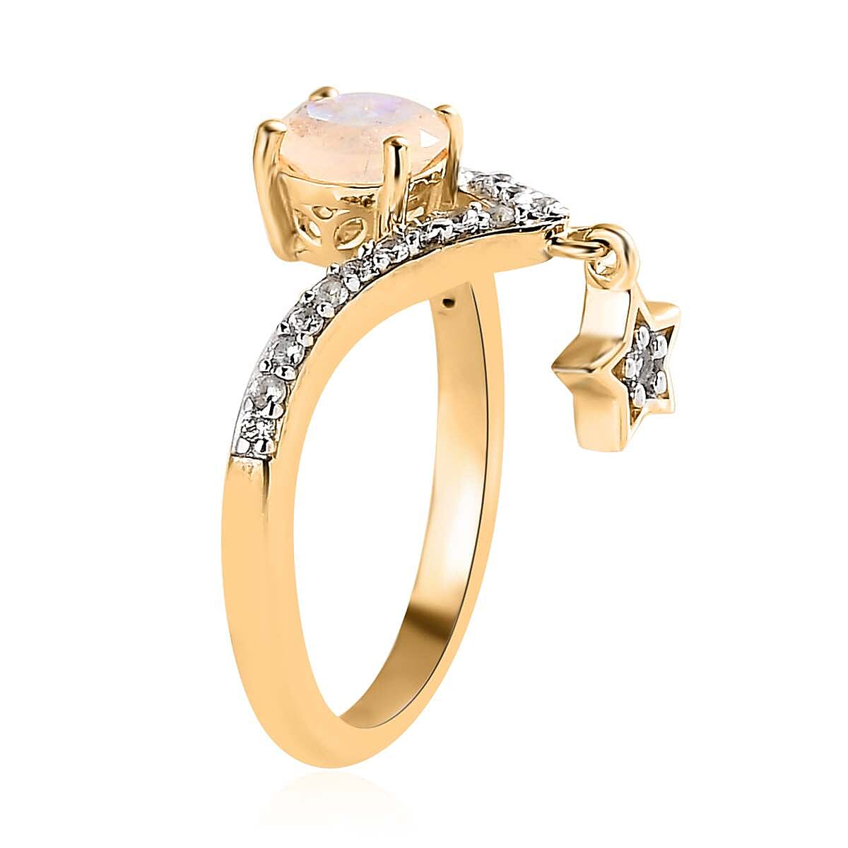 Kuisa Rainbow Moonstone and White Zircon Chevron Star Charm Ring in Vermeil Yellow Gold Over Sterling Silver (Size 8.0) 1.25 ctw image number 3