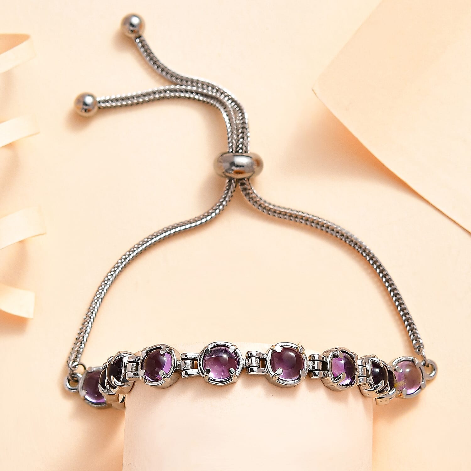 Rose De France Amethyst Bolo Bracelet in Stainless Steel 6.15 ctw , Tarnish-Free, Waterproof, Sweat Proof Jewelry