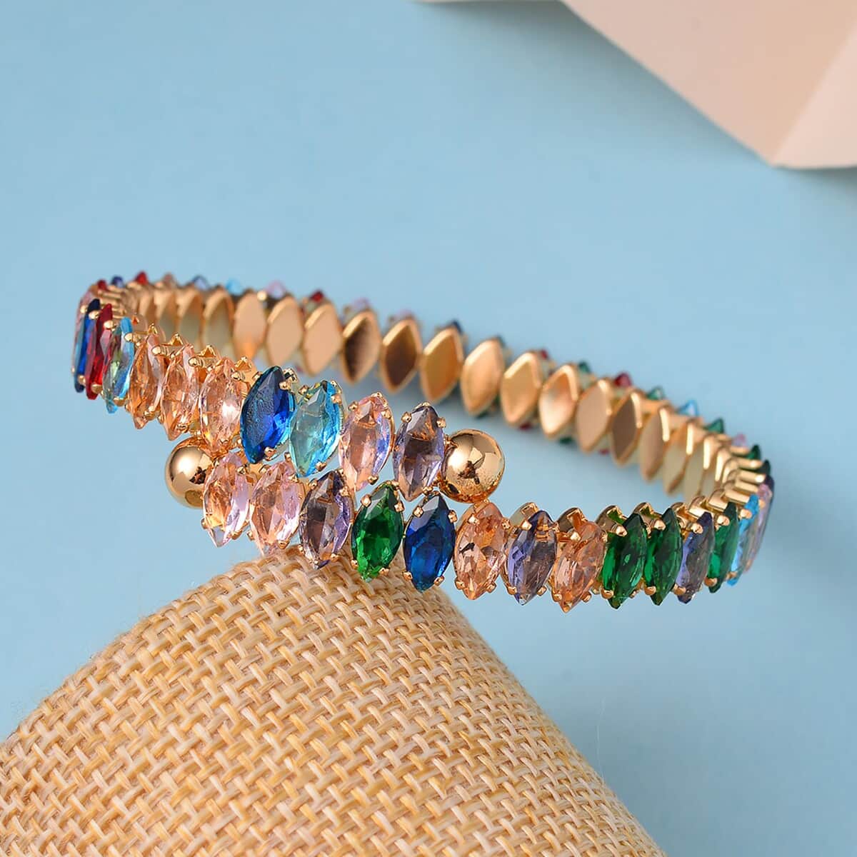 Simulated Multi Color Diamond Bypass Bangle Bracelet in Goldtone (7-8In) 22.00 ctw image number 1