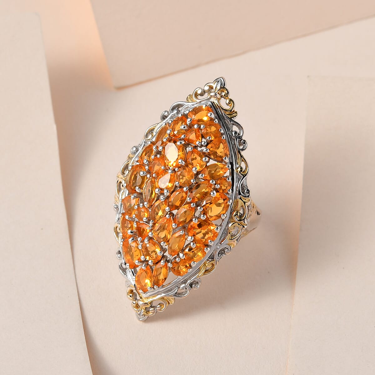 Salamanca Fire Opal Elongated Ring in Vermeil YG and Platinum Over Sterling Silver 4.10 ctw image number 1