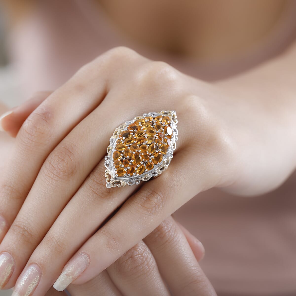 Salamanca Fire Opal Elongated Ring in Vermeil YG and Platinum Over Sterling Silver 4.10 ctw image number 2