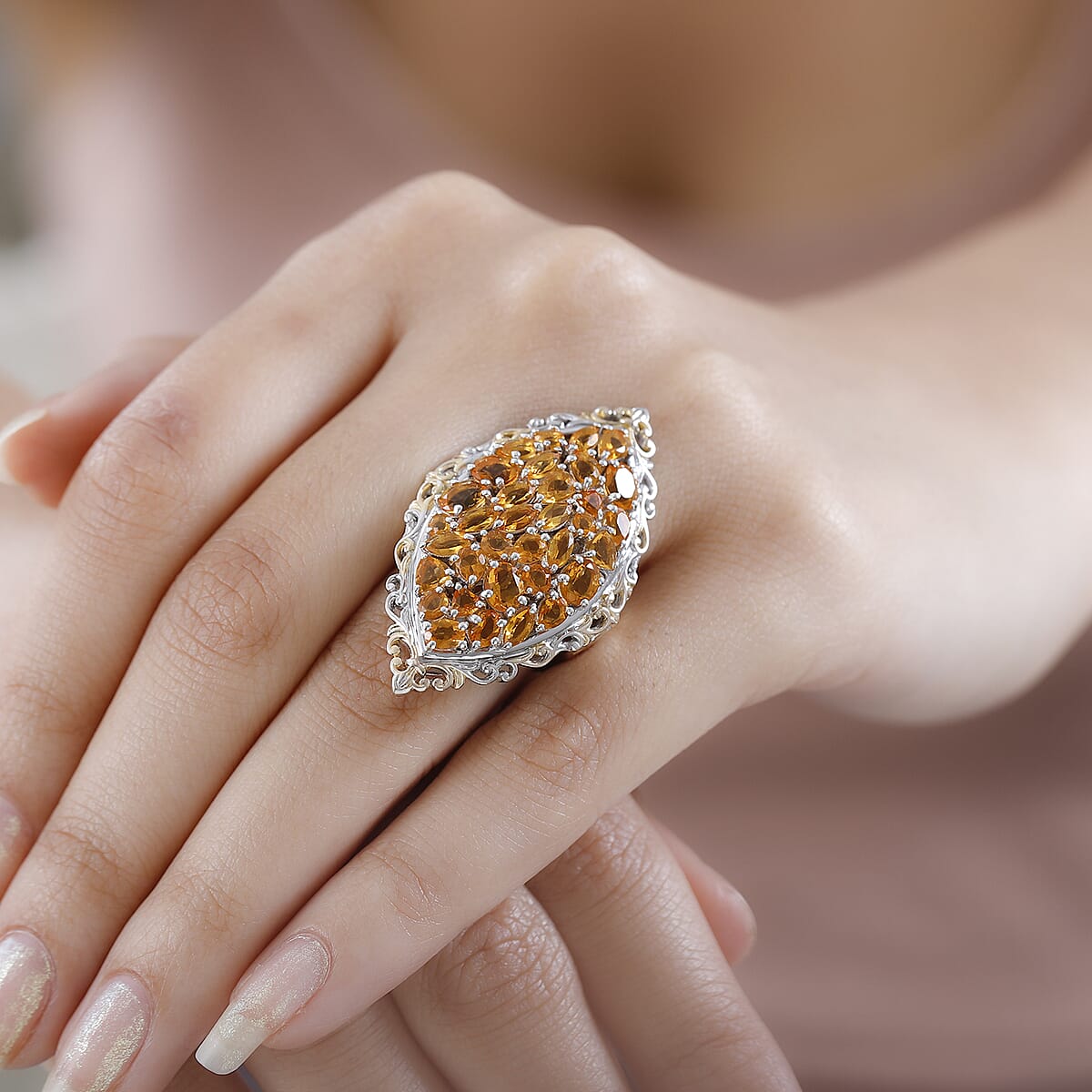 Salamanca Fire Opal Elongated Ring in Vermeil YG and Platinum Over Sterling Silver (Size 9.0) 4.10 ctw image number 2