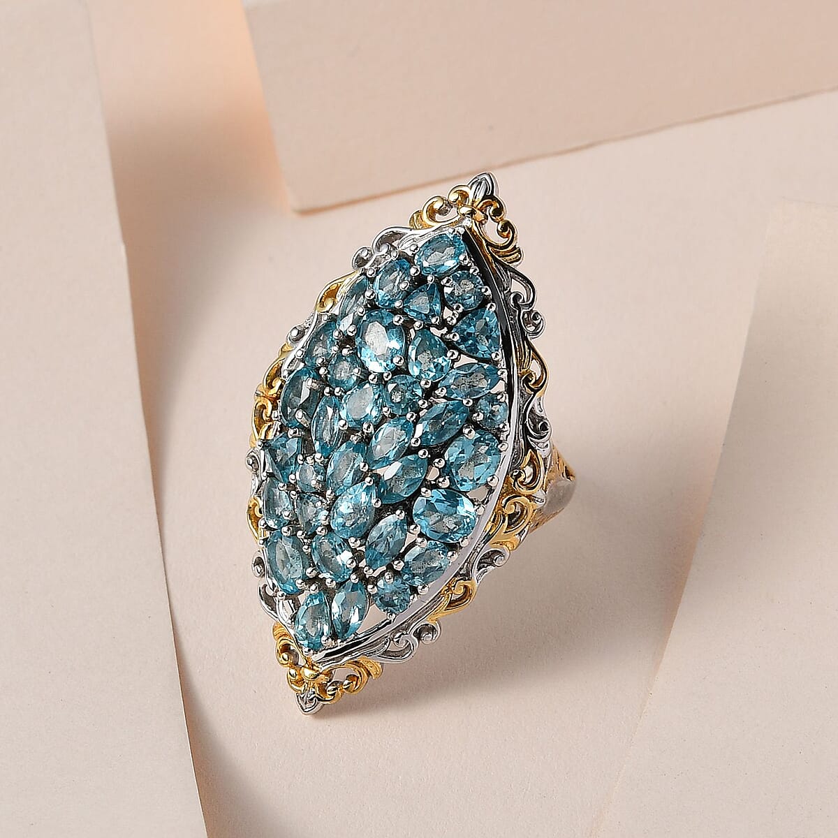 Madagascar Paraiba Apatite Elongated Ring in Vermeil Yellow Gold and Platinum Over Sterling Silver (Size 7.0) 6.40 ctw image number 1