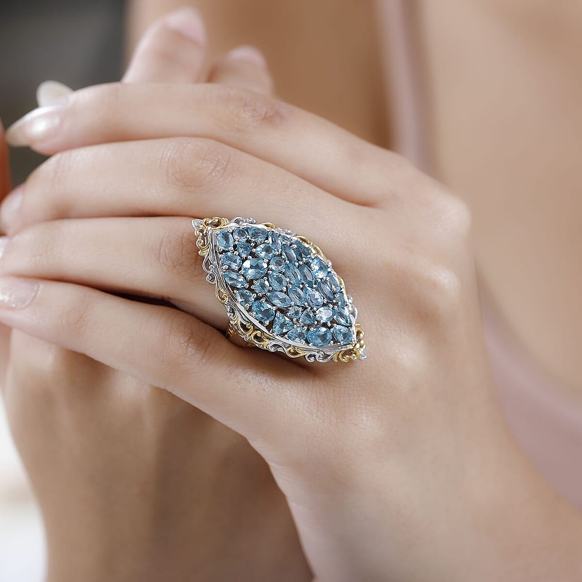 Madagascar Paraiba Apatite Elongated Ring in Vermeil Yellow Gold and Platinum Over Sterling Silver (Size 7.0) 6.40 ctw image number 2