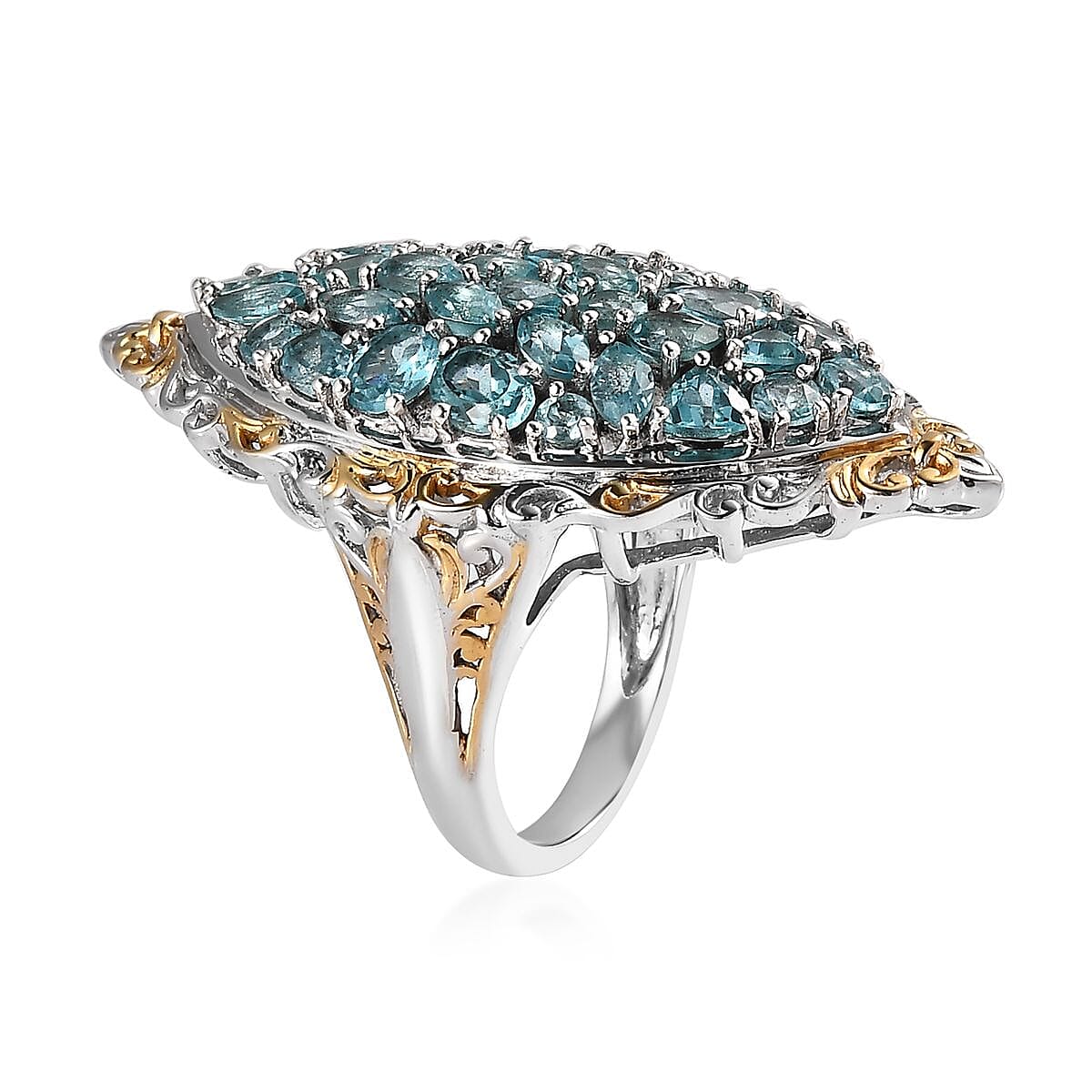 Madagascar Paraiba Apatite Elongated Ring in Vermeil Yellow Gold and Platinum Over Sterling Silver (Size 7.0) 6.40 ctw image number 3