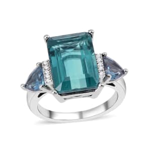 Dean Teal Fluorite (IR) and Multi Gemstone Ring in Rhodium Over Sterling Silver (Size 10.0) 11.25 ctw