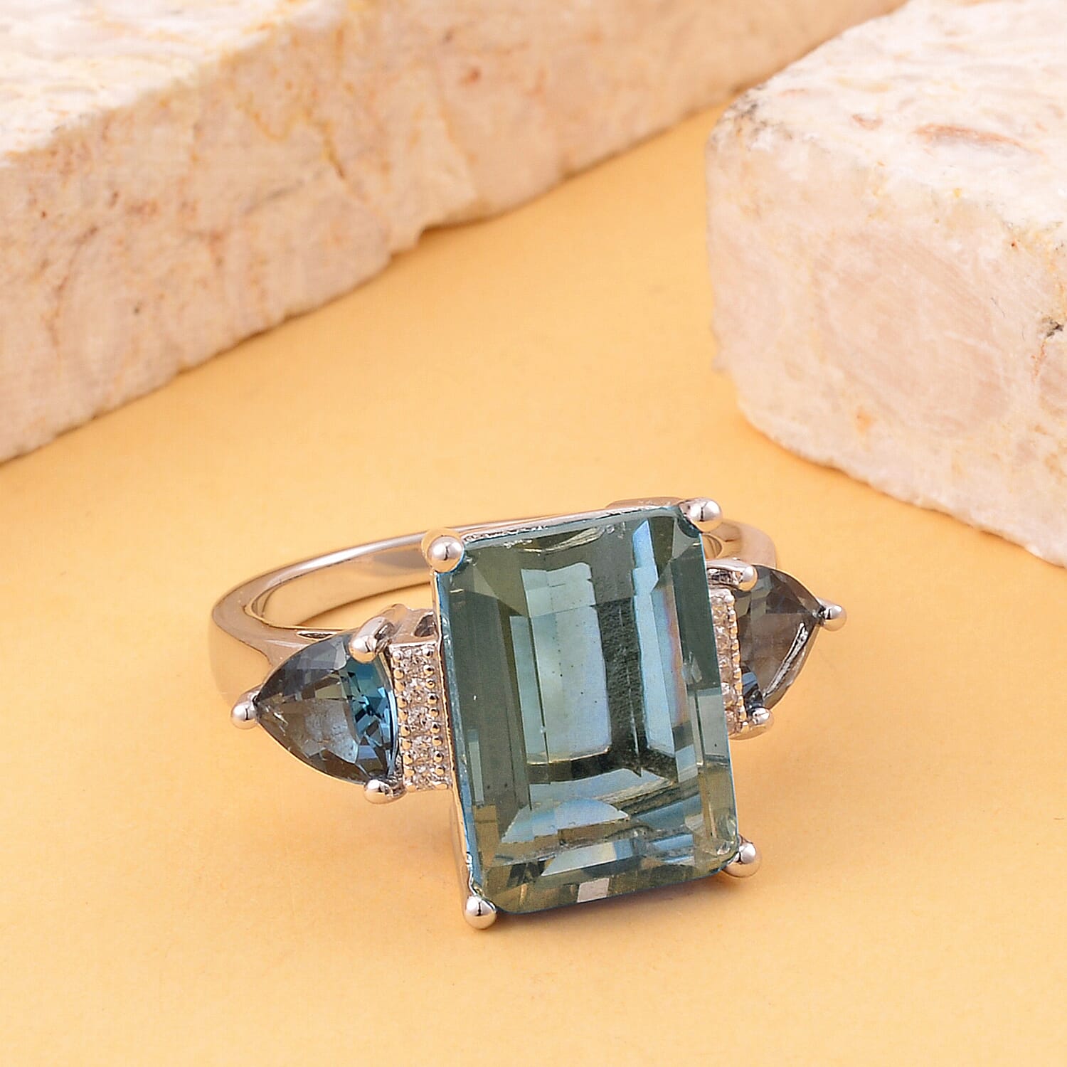 Dean Teal Fluorite (IR) and Multi Gemstone Ring in Rhodium Over Sterling Silver (Size 9.0) 11.25 ctw