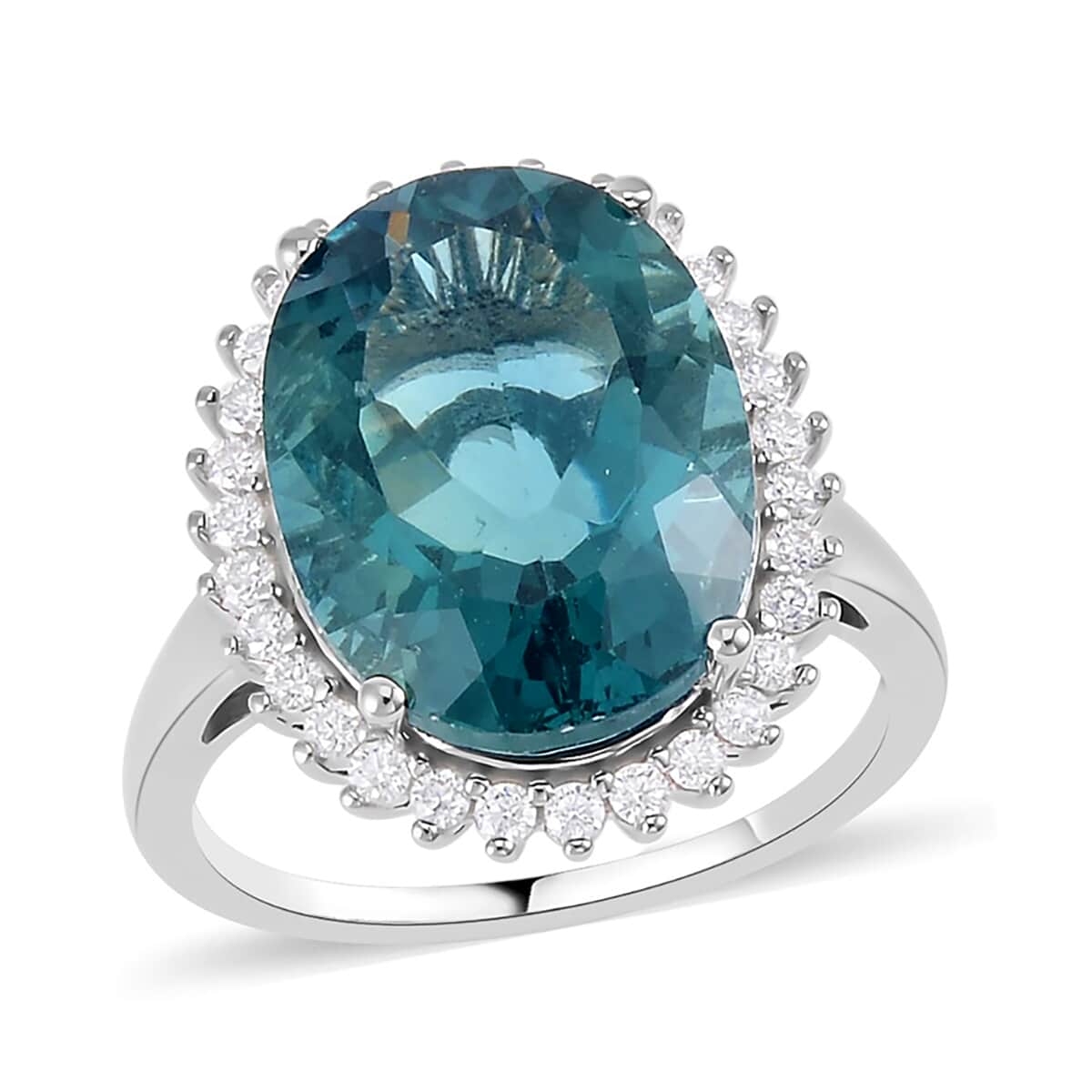 Dean Teal Fluorite (IR) and Moissanite Halo Ring in Rhodium Over Sterling Silver (Size 10.0) 11.50 ctw image number 0