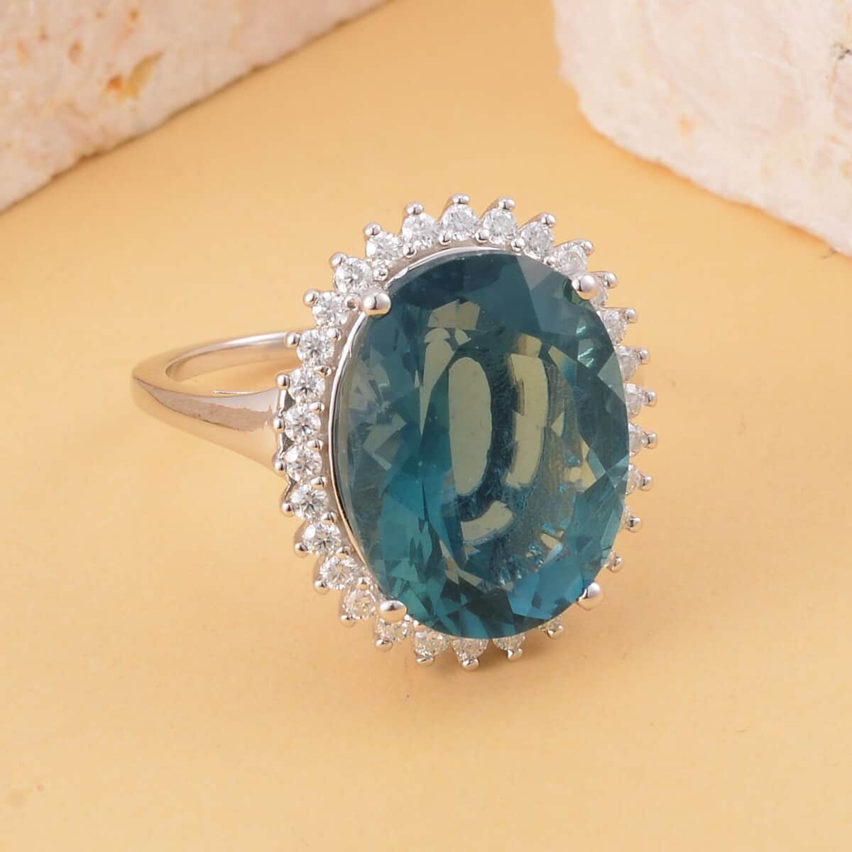 Dean Teal Fluorite (IR) and Moissanite Halo Ring in Rhodium Over Sterling Silver (Size 10.0) 11.50 ctw image number 1
