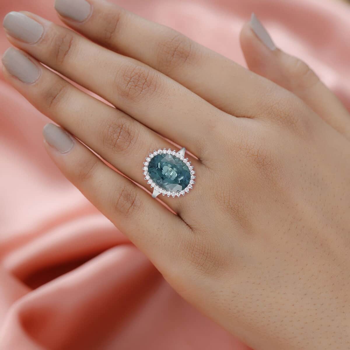 Dean Teal Fluorite (IR) and Moissanite Halo Ring in Rhodium Over Sterling Silver (Size 10.0) 11.50 ctw image number 2