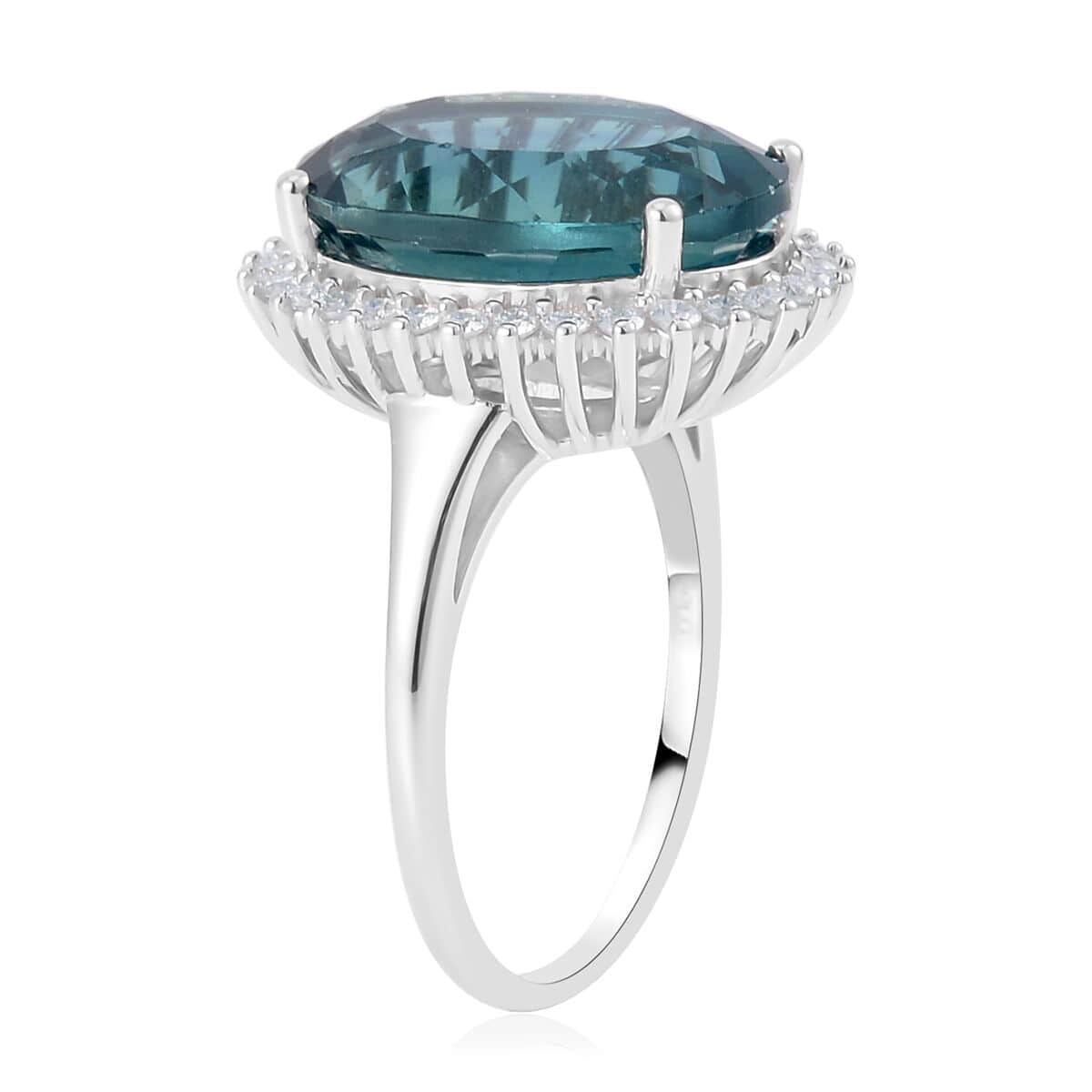 Dean Teal Fluorite (IR) and Moissanite Halo Ring in Rhodium Over Sterling Silver (Size 10.0) 11.50 ctw image number 3