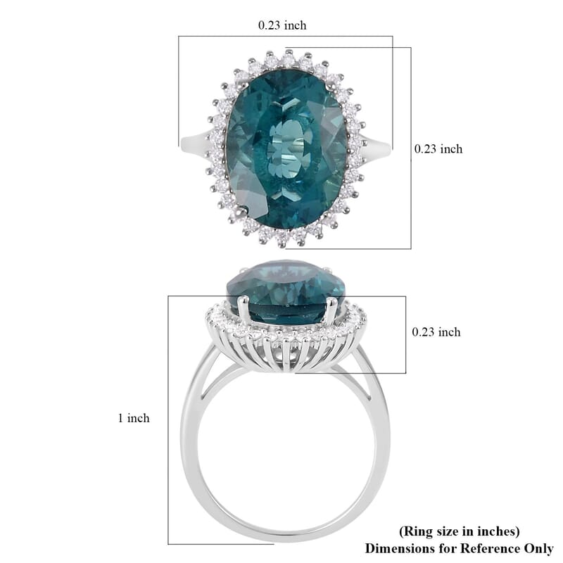 Dean Teal Fluorite (IR) and Moissanite Halo Ring in Rhodium Over Sterling Silver (Size 10.0) 11.50 ctw