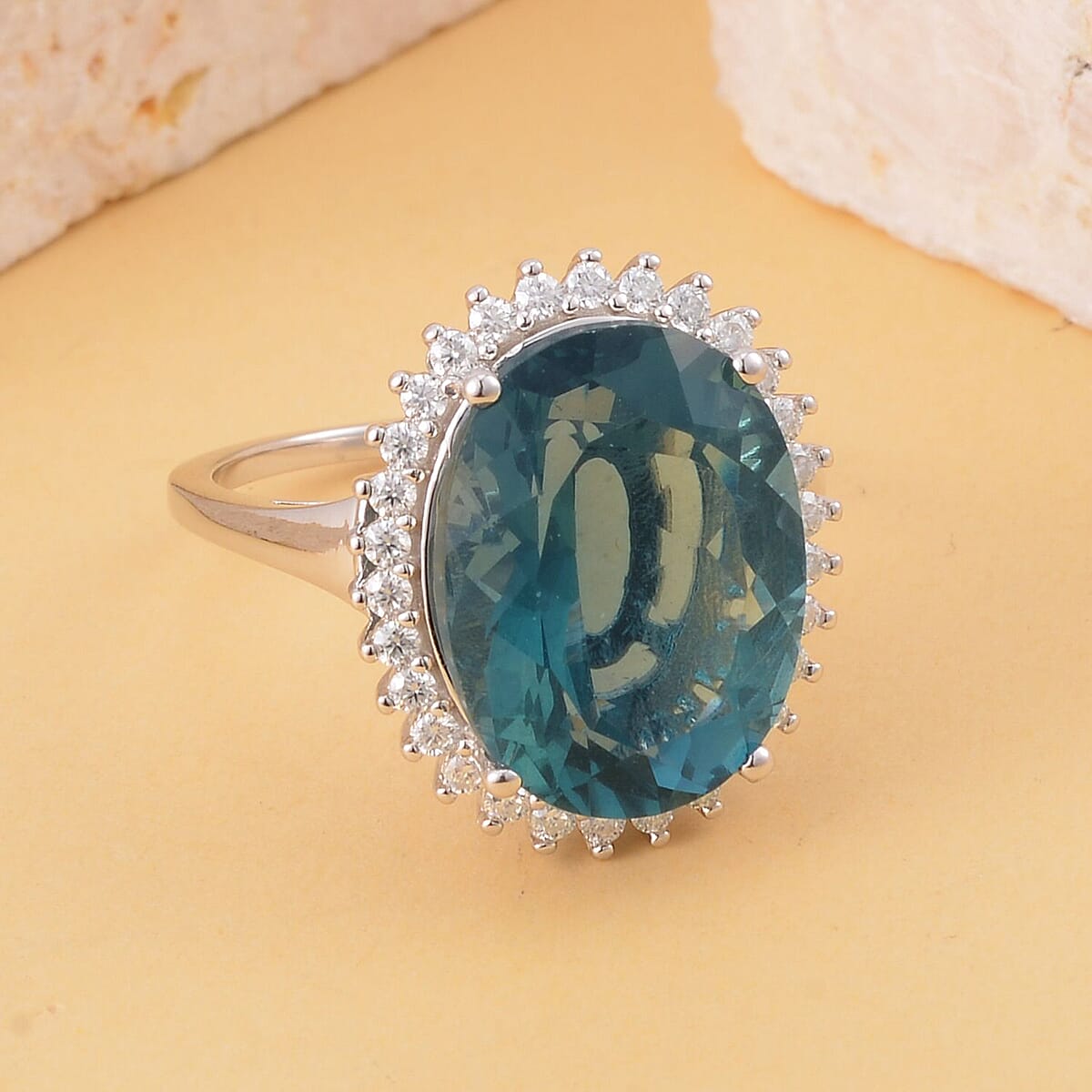 Dean Teal Fluorite (IR) and Moissanite Halo Ring in Rhodium Over Sterling Silver (Size 6.0) 11.50 ctw image number 1