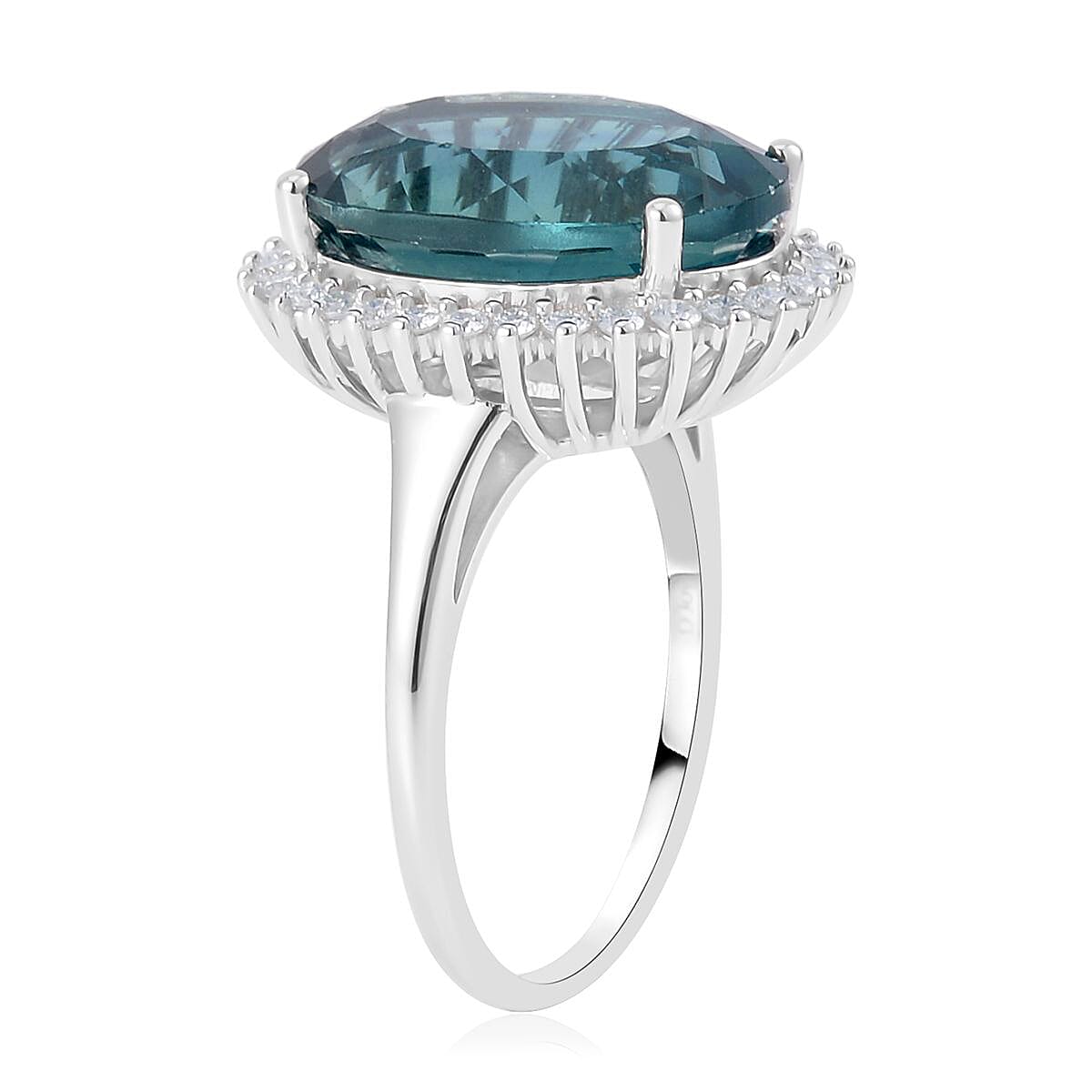 Dean Teal Fluorite (IR) and Moissanite Halo Ring in Rhodium Over Sterling Silver (Size 6.0) 11.50 ctw image number 3
