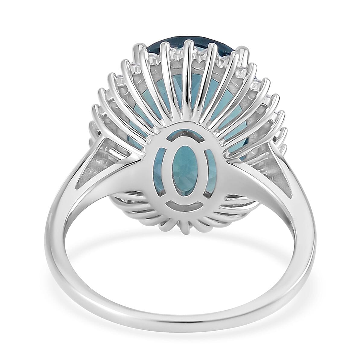 Dean Teal Fluorite (IR) and Moissanite Halo Ring in Rhodium Over Sterling Silver (Size 6.0) 11.50 ctw image number 4