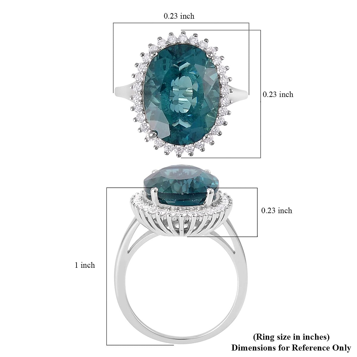 Dean Teal Fluorite (IR) and Moissanite Halo Ring in Rhodium Over Sterling Silver (Size 6.0) 11.50 ctw image number 5